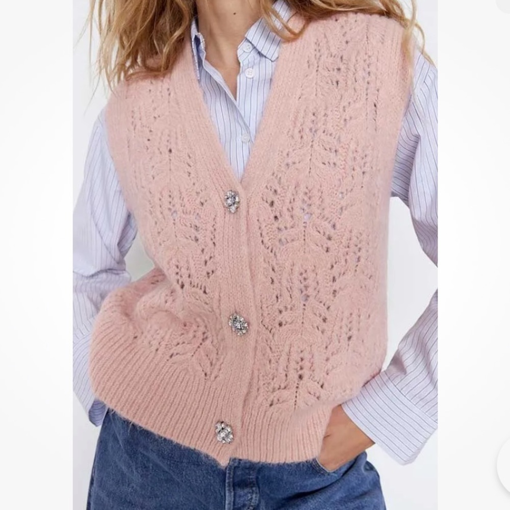 Zara | Pink Cardigan Rhinestone Button Sweater Vest Size Small